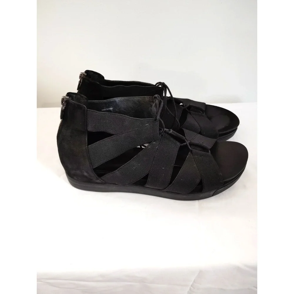 Eileen Fisher Dibs Link Lace-Up Sandal Black Stretch Wedge Gladiator Zip Back 11